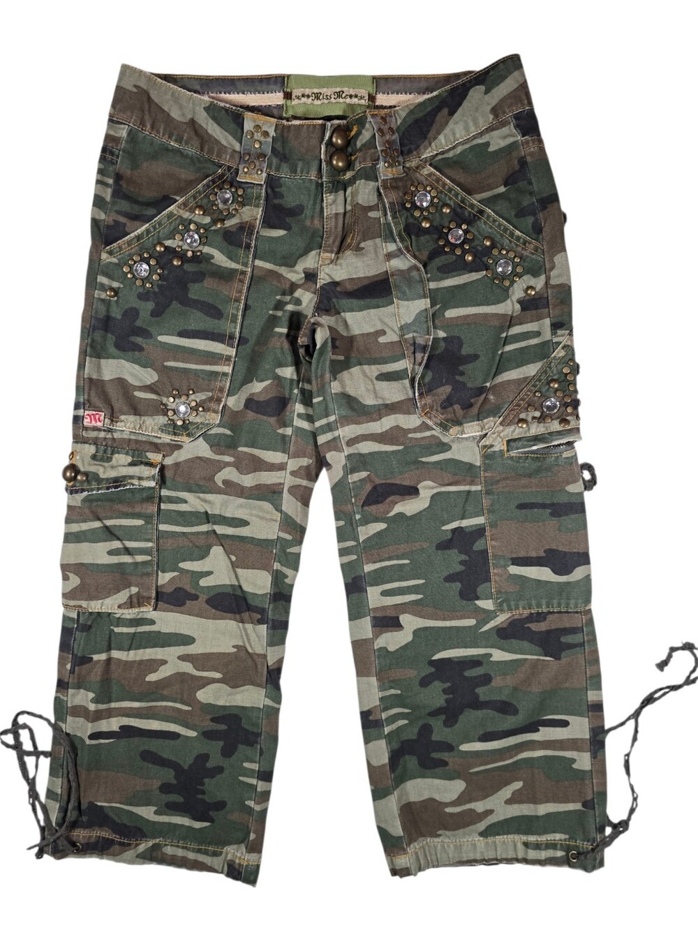 Vintage Y2K Miss Me Camo Rhinestone Capri Low Rise Parachute Pants sz S